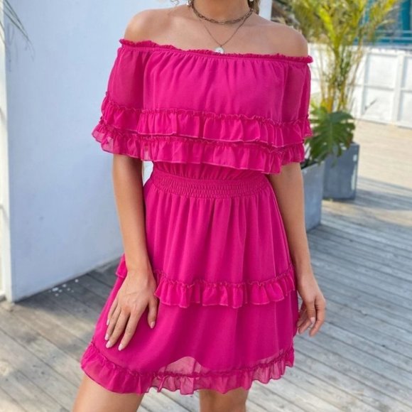 . Dresses & Skirts - Off shoulder Ruffle Hem Mini Dress hot pink